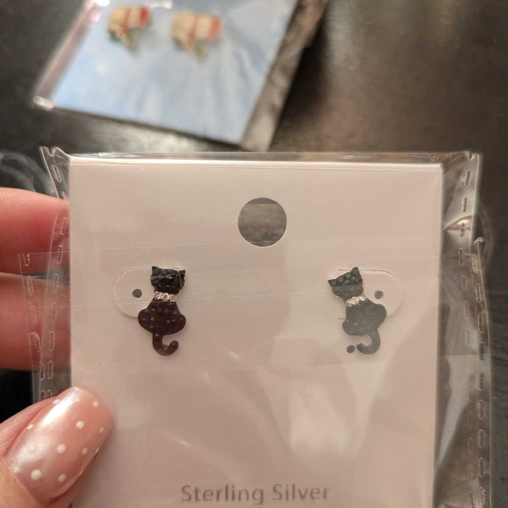 Sterling Silver Black Cat Earrings